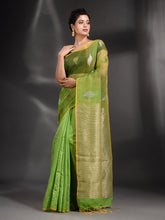 Load image into Gallery viewer, Green Cotton Blend Handwoven Saree With Zari Pallu