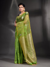 Load image into Gallery viewer, Green Cotton Blend Handwoven Saree With Zari Pallu