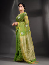 Load image into Gallery viewer, Green Cotton Blend Handwoven Saree With Zari Pallu