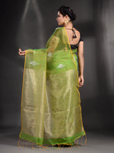 Load image into Gallery viewer, Green Cotton Blend Handwoven Saree With Zari Pallu
