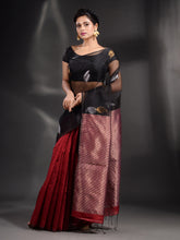Load image into Gallery viewer, Black And Red Cotton Blend Handwoven Saree With Zari Pallu