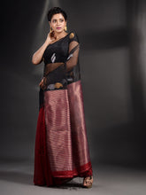 Load image into Gallery viewer, Black And Red Cotton Blend Handwoven Saree With Zari Pallu
