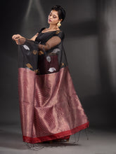 Load image into Gallery viewer, Black And Red Cotton Blend Handwoven Saree With Zari Pallu