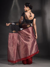 Load image into Gallery viewer, Black And Red Cotton Blend Handwoven Saree With Zari Pallu