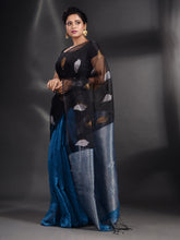Load image into Gallery viewer, Black And Sky Blue Cotton Blend Handwoven Saree With Zari Pallu