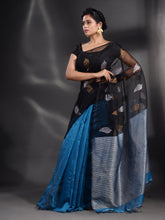 Load image into Gallery viewer, Black And Sky Blue Cotton Blend Handwoven Saree With Zari Pallu