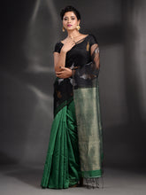 Load image into Gallery viewer, Black And Green Cotton Blend Handwoven Saree With Zari Pallu
