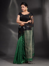 Load image into Gallery viewer, Black And Green Cotton Blend Handwoven Saree With Zari Pallu