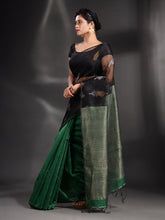 Load image into Gallery viewer, Black And Green Cotton Blend Handwoven Saree With Zari Pallu