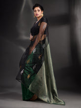 Load image into Gallery viewer, Black And Green Cotton Blend Handwoven Saree With Zari Pallu