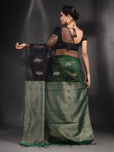 Load image into Gallery viewer, Black And Green Cotton Blend Handwoven Saree With Zari Pallu