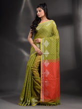 Load image into Gallery viewer, Green Cotton Blend Handwoven Saree With Geometric Border
