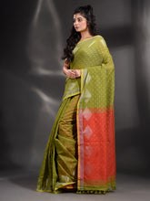 Load image into Gallery viewer, Green Cotton Blend Handwoven Saree With Geometric Border