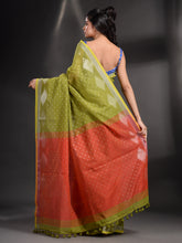 Load image into Gallery viewer, Green Cotton Blend Handwoven Saree With Geometric Border