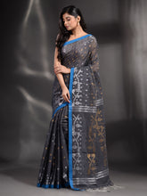 Load image into Gallery viewer, Dark Grey Cotton Handwoven Saree With Texture Border