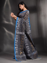 Load image into Gallery viewer, Dark Grey Cotton Handwoven Saree With Texture Border