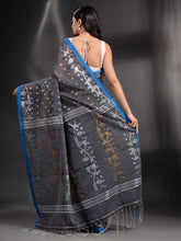 Load image into Gallery viewer, Dark Grey Cotton Handwoven Saree With Texture Border
