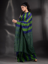 Load image into Gallery viewer, Green And Blue Cotton Handwoven Saree With Stripe Pallu