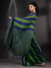 Load image into Gallery viewer, Green And Blue Cotton Handwoven Saree With Stripe Pallu