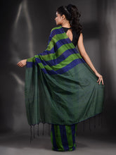 Load image into Gallery viewer, Green And Blue Cotton Handwoven Saree With Stripe Pallu
