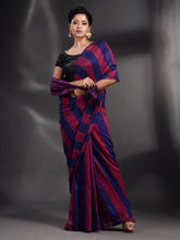 Load image into Gallery viewer, Magenta And Blue Cotton Handwoven Saree With Stripe Pallu