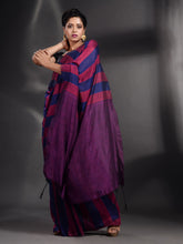 Load image into Gallery viewer, Magenta And Blue Cotton Handwoven Saree With Stripe Pallu