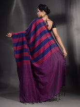Load image into Gallery viewer, Magenta And Blue Cotton Handwoven Saree With Stripe Pallu