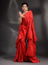 Load image into Gallery viewer, Red Cotton Handwoven Ruffle Saree