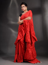 Load image into Gallery viewer, Red Cotton Handwoven Ruffle Saree