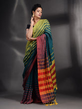 Load image into Gallery viewer, Teal Cotton Handwoven Saree With Stripe Border