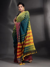 Load image into Gallery viewer, Teal Cotton Handwoven Saree With Stripe Border