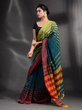 Load image into Gallery viewer, Teal Cotton Handwoven Saree With Stripe Border