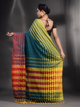Load image into Gallery viewer, Teal Cotton Handwoven Saree With Stripe Border