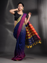 Load image into Gallery viewer, Royal Blue Cotton Handwoven Saree With Stripe Border