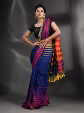 Load image into Gallery viewer, Royal Blue Cotton Handwoven Saree With Stripe Border