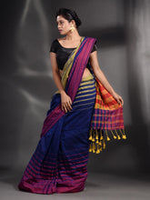 Load image into Gallery viewer, Royal Blue Cotton Handwoven Saree With Stripe Border