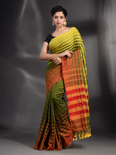 Load image into Gallery viewer, Green Cotton Handwoven Saree With Stripe Border