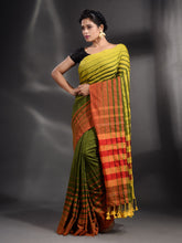 Load image into Gallery viewer, Green Cotton Handwoven Saree With Stripe Border