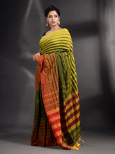 Load image into Gallery viewer, Green Cotton Handwoven Saree With Stripe Border