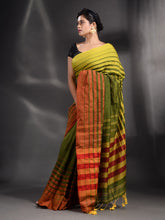 Load image into Gallery viewer, Green Cotton Handwoven Saree With Stripe Border