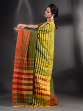 Load image into Gallery viewer, Green Cotton Handwoven Saree With Stripe Border