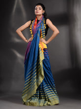 Load image into Gallery viewer, Blue Cotton Handwoven Saree With Stripe Border