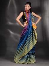 Load image into Gallery viewer, Blue Cotton Handwoven Saree With Stripe Border