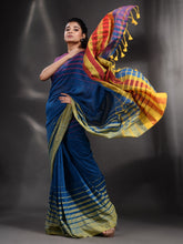 Load image into Gallery viewer, Blue Cotton Handwoven Saree With Stripe Border