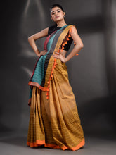 Load image into Gallery viewer, Mustard Cotton Handwoven Saree With Stripe Design