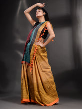 Load image into Gallery viewer, Mustard Cotton Handwoven Saree With Stripe Design