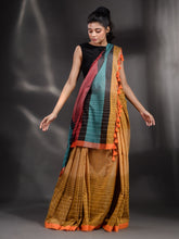 Load image into Gallery viewer, Mustard Cotton Handwoven Saree With Stripe Design