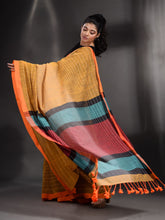 Load image into Gallery viewer, Mustard Cotton Handwoven Saree With Stripe Design