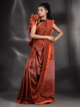 Load image into Gallery viewer, Brown Cotton Handwoven Saree With Stripe Design