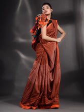 Load image into Gallery viewer, Brown Cotton Handwoven Saree With Stripe Design